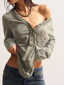 Bohemela Blusa casual de manga larga con bolsillo y media cartera con botones para mujer de talla grande - Verde militar - Ver 1