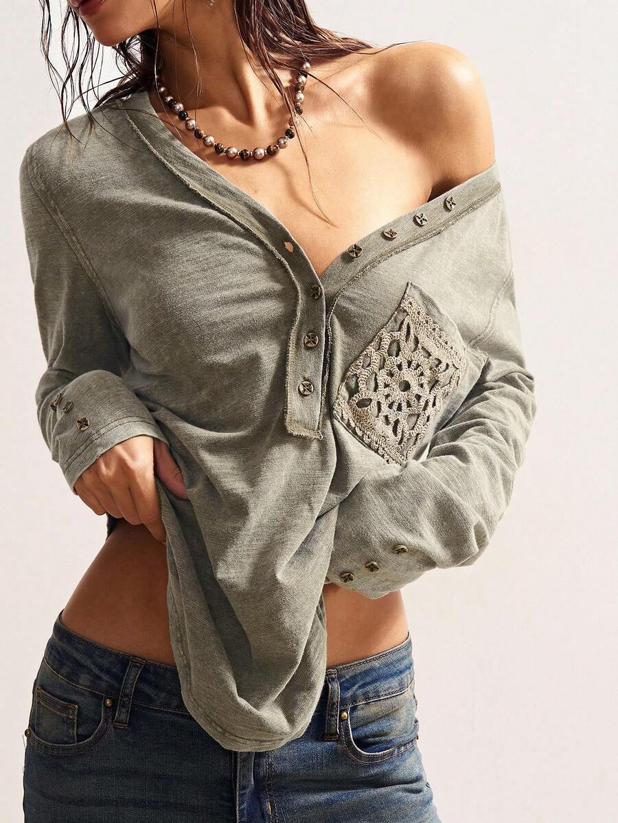 Bohemela Blusa casual de manga larga con bolsillo y media cartera con botones para mujer de talla grande - Verde militar - Ver 1