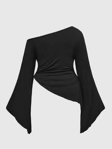 ROMWE Plus Size Women Elegant Solid Color Asymmetrical Collar Flare Sleeve Ruched Fitted Blouse, Spring/Autumn - Black - View 5