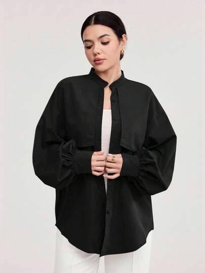 Veilorie 女士纯色落肩长袖宽松单排扣休闲衬衫，春秋装，长袖上衣