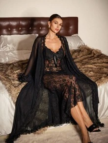 Slumberist Women's Mature Sexy Lingerie Set, Super Long Mesh Robe And Lace Backless Slip Dress 2 Pieces Set Lace Robe Lingerie Robe Set Sheer Robe - Black - View 4