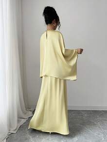 Selianne 2 st elegant set med enfärgad topp och extra lång kjol med fladdermusärm - Gul - Visa 2