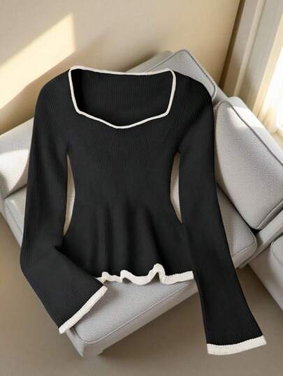 Franclia 法式优雅方领弹力修身长袖针织毛衣，撞色饰边，适合返校季，杏色、米色、黑色，可爱荷叶边下摆针织上衣，适合日常穿着，秋冬