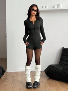 Coolane 女士秋冬街头服饰 Y2K 简约基本款日常休闲返校款弹力黑色紧身长袖连体衣