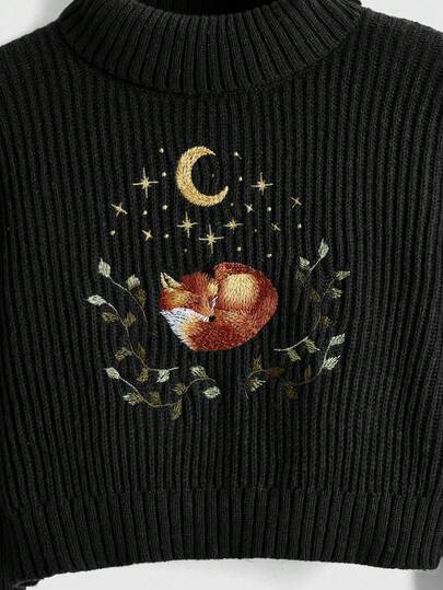 Fairycore Suéter casual de talla grande para mujer con bordado de zorro y flores, otoño/invierno