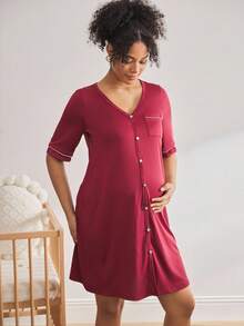 BloomMama Maternity Loungewear - Short Sleeve Top + Knee-Length Jumpsuit Lounge Dress Sleep Wear Women Dress Women Pajama Dress Button Up Nightgown - Burgundy - View 3
