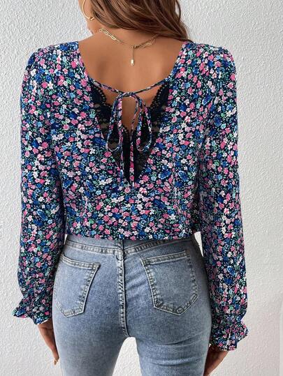 SHEIN Frenchy Ditsy Floral Print Contrast Lace Tie Back Flounce Sleeve Elegant Style Blouse Winter Blue Spring Vacation Holiday Resort