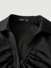 SHEIN MOD Women V-Neck Ruffle Flared Sleeve Blouse, Waist Cinched,Black Long Sleeve Shirt,Witchy Clothes,Button Down Blouse,Concert Women Outfit,Hippie Clothes,Pirate Top - Black - View 5