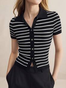 BizChic Women's Romantic Elegant Striped Collared Button Short Sleeve Knit Sweater, Versatile For Business Casual, Daily Commute, Office Wear,Knitted Sweater - Black and White - View 3
