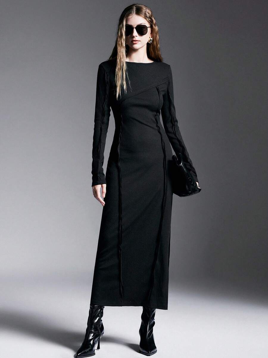 INAWLY Minimalist Asymmetric Ripped Design Midi Dress For Women - Black - View 1