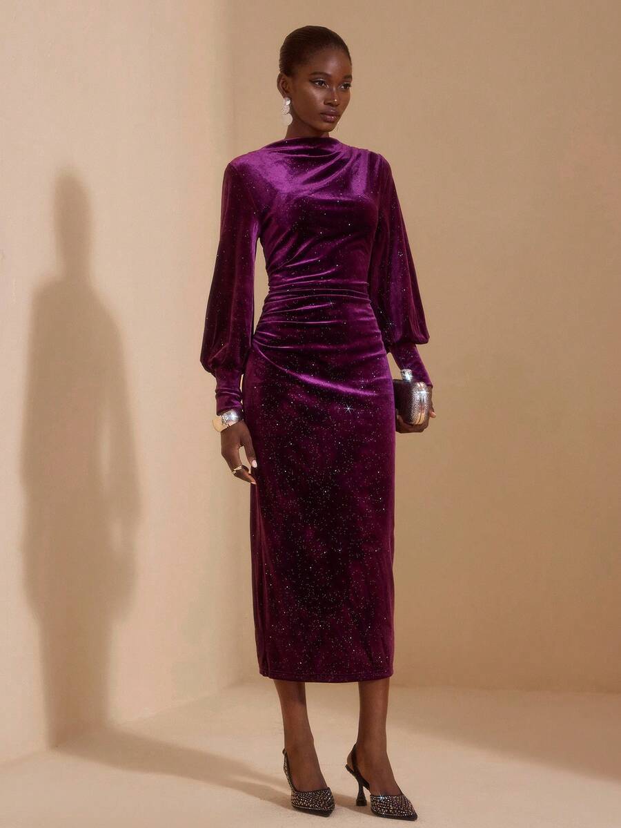 JIAN LASALA 闪亮丝绒不对称褶裥开衩连衣裙，长灯笼袖，女士秋冬奢华连衣裙，紫色中长连衣裙，丝绒连衣裙，紫色优雅连衣裙，女士紫色连衣裙，曲线时尚服装系列，派对婚礼宾客 - 紫色 - 查看 1