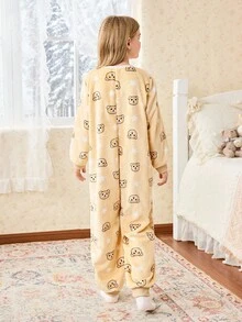 青少年女孩可爱棕熊毛绒睡衣 - 彩色 - 查看 2