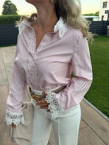 Jeta Ari Elegant Striped Splice Lace Decor Women's Blouse, Fashionable - Coral Pink - View 3