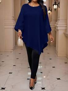 SHEIN Lady Áo cánh thanh lịch màu xanh navy trơn kim loại cổ tròn 3/4 tay rộng viền bất đối xứng mới 2025 dành cho nữ cỡ lớn, áo cánh thanh lịch giữ nhiệt mùa đông ngày lễ tình nhân tiệc năm mới lễ tạ ơn - Màu xanh hải quân - Xem 2