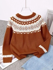 Elegant Patterned Crew Neck Long Sleeve Sweater For Tween Girls - Khaki - View 2