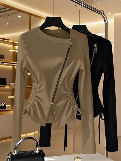 Franclia 时尚法式侧收不对称领金属拉链白色女式长袖 T 恤，春秋