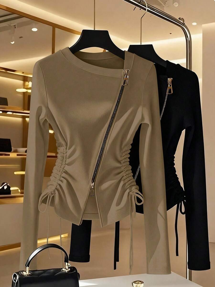 Franclia Áo thun nữ tay dài màu trắng cổ bẻ lệch màu thời trang kiểu Pháp sang trọng, khóa kéo kim loại, màu trắng, mùa xuân/thu - Màu Khaki - Xem 1