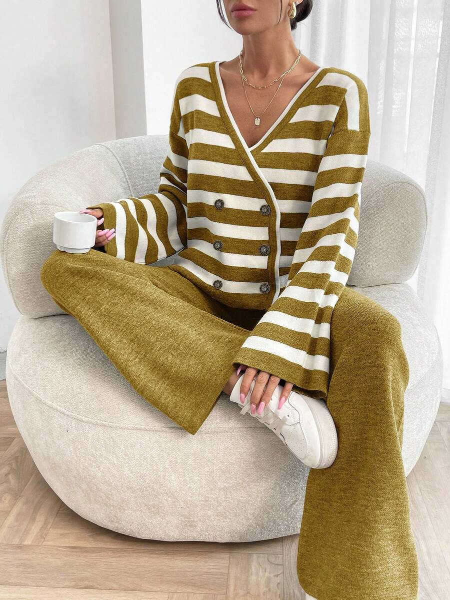 EURMUSE Women Stripe Pattern Front Button V-Neck Drop Shoulder Cardigan & Sweater Pants Set - Mustard Yellow - View 1