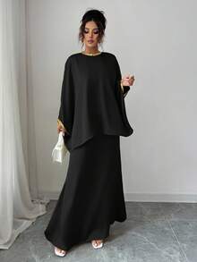 Elenzga 女士圆领蝙蝠袖衬衫和鱼尾中长裙优雅两件套 - 黑色 - 查看 4