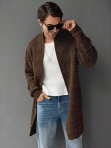 Manfinity Homme Men's Solid Color Drop Shoulder Casual Loose Knit Ribbed Long Sleeve Cardigan, Fall/Winter - Rust Brown - View 4