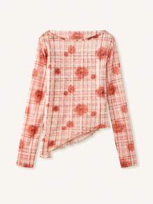 lacRébo Autumn Pink Checked Mesh Fitted Top With Floral Print, Side Ruching, And Asymmetric Hem Spring Women Clothes Spring Summer Office Top Going Out Top - Multicolor - View 8