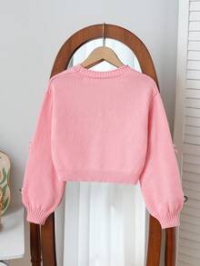 SHEIN Elladie kids 女孩休闲时尚可爱柔软简约优雅 3D 蝴蝶结长袖短款开衫毛衣，适合居家、日常穿着、上学、外出、派对、秋冬 - 粉色 - 查看 2