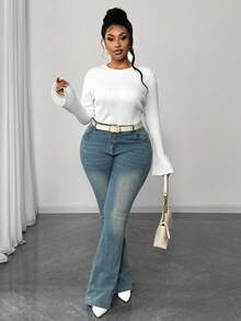 Maweii Women's Simple Casual Everyday Round Neck Straight Shoulder Flared Sleeve Knitted Solid Color Plus Size Sweater Long Sleeve Lightweight Knit Fashion Ribbed Slim Fit Basic Going Out Tshirts, Spring Fall Winter