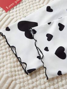 Tween Girl Heart Print Contrast Piping Lettuce Trim Bow Front Top & Pants Pajama Set, Spring/Autumn - Multicolor - View 8