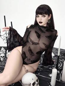 ROMWE Bộ đồ liền thân tay loe phối ren họa tiết bướm Gothic gợi cảm - màu đen - Xem 3