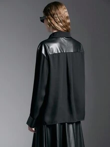 INAWLY 1 Áo sơ mi PU trơn màu rộng rãi dành cho nữ - màu đen - Xem 2