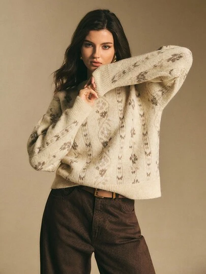Poéselle Fair Isle Pattern Chunky Knit Sweater,Oversized Winter Jumper,Cream Boho Floral Knit Sweater – Vintage-Inspired Pattern Pullover, Soft Cozy Fall/Winter Style, Bohemian Holiday,Women's Floral Pattern Round Neck Dropped Shoulder Long Sleeve Casual Loose Sweater, Autumn/Winter