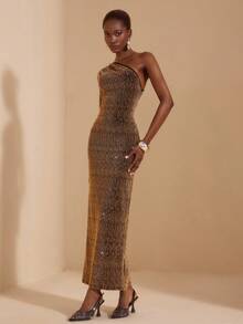 JIAN LASALA 金色闪光针织不对称褶皱单肩开衩长款连衣裙 女士秋季派对连衣裙 单袖连衣裙 单肩连衣裙 优雅金色连衣裙 女士古铜色连衣裙 闪光连衣裙 古铜色优雅连衣裙 奢华时尚服装系列 魅力连衣裙 礼服 亮片连衣裙 长款连衣裙 婚礼宾客 生日礼服 - 黑色和金色 - 查看 3