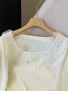GlowEve 女式杏色优雅 3D 珍珠花方领长袖修身针织上衣，时尚青春 - 杏色 - 查看 8