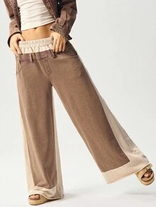 Bohemela 女式休闲针织拼接宽松阔腿运动裤 - 摩卡棕 - 查看 4