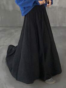 FRIFUL Falda maxi acampanada de punto holgada y versátil con cintura elástica de tela texturizada negra sólida, para otoño/invierno