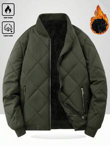 Manfinity Homme 宽松男士保暖内衬棒球领拉链绗缝外套，长袖加厚外套，适合日常休闲、周末旅行、户外活动、探险旅行、轻松的工作环境或半正式场合，也是送给男友/丈夫、周年纪念日或圣诞节的理想礼物。 - 軍綠色 - 查看 3