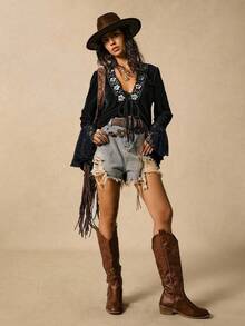 SHEIN EZwear 大码女式黑色蕾丝长袖衬衫，秋冬款 - 黑色 - 查看 4