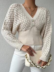 EURMUSE Hollow Out V-Neck Buttoned Pullover Sweater - Beige - View 3