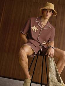 SWAVVY 2pcs Men Casual Loose Fit Short Sleeve Shirt And Elastic Waist Straight Leg Shorts Set - Coffee Brown - View 6