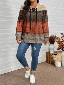 SHEIN LUNE Plus Size Women's Brown Autumn Boho Hiking Thanksgiving Maillard Color Striped Print Casual Loose Fit Hooded Long Sleeve Sweatshirt Fall Tops - Multicolor - View 6