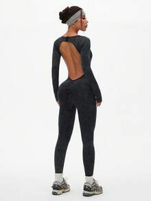 Slayform Slayform Dark Gray Women's Round Neck Long Sleeve Open Back Sports Bodysuit, Seamless Tummy Control, Frosted Jumpsuit Suitable For Exercise And Going Out - Dark Grey - View 7