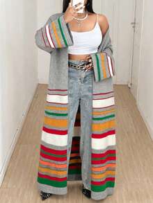 Maweii Plus Size Women Colorblock Striped Long Knitted Cardigan Sweater - Light Grey - View 4