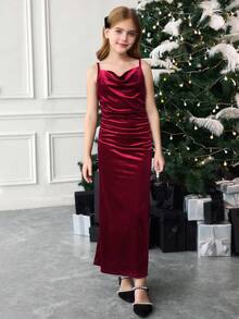 SHEIN 青少年女孩纯勃艮第红色网眼拼布简约长款优雅连衣裙，复古中长连衣裙，适合圣诞节连衣裙，秋冬优雅复古，适合派对、圣诞节、新年舞会 - 酒紅色 - 查看 9