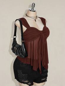 SHEIN ICON 大码女式不对称纯色透视网眼下摆吊带背心，Rave 上衣，透视上衣，适合暑假、毕业季、返校季、Y2K 风格