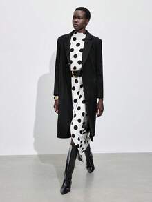 Maija Váy len xẻ tà cao cổ đứng họa tiết chấm bi 2025 - Đen và trắng - Xem 8