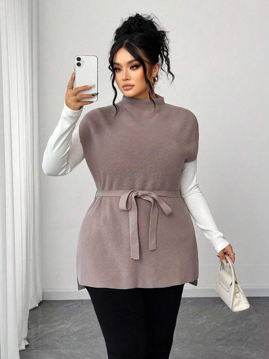 Elenzga Damen Pullunder Einfarbig, lässig und minimalistisch, in Große Größen - Khaki - Übersicht 1