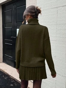 SHEIN LUNE 2pcs Women High Neck Drop Shoulder Long Sleeve Solid Color Knit Sweater Set - Army Green - View 2