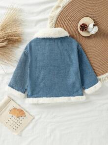 SHEIN Baby Mädchen Mode Jeans Thermofutter Kragen Langarm Jacke, stilvoller Alltags-Look, Outfit für Mädchen, geeignet für 3 Monate bis 3 Jahre alt, Herbst/Winter - marineblau - Übersicht 2
