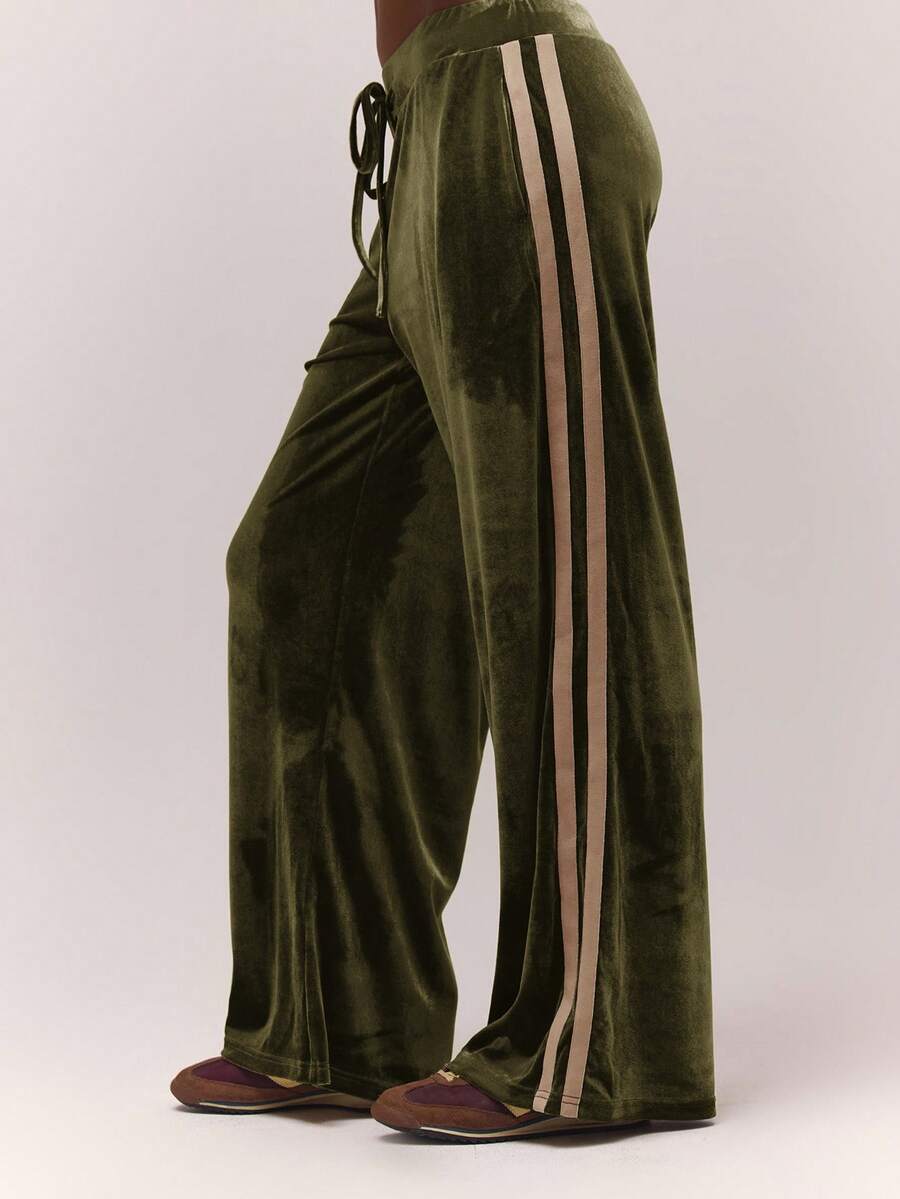 MUSERA Wide Leg Side Stripe Velour Thick Tie Waist Band Low Waist Joggers   Old Money Cute Country Cottage Core Casual Lounge Pants For Women Butterscotch   Winter   Pants Lounge Sweatpants - Army Green - View 1