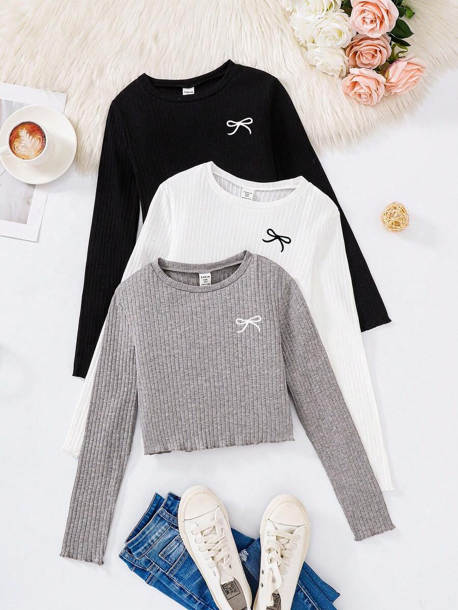 3pcs/Set Tween Girl Ribbed Knit Fitted Crew Neck Casual Long Sleeve T-Shirts Cozy Fall & Winter Styles Suitable For Autumn/Winter Daily Wear,Street Style, Home Long Sleeve Top Cute Tops Long Sleeve Tops Suitable For New Year, Daily, Celebration, Autumn & Winter For Easy Comfort, Autumn & Winter Layers, Stylish - Multicolor - View 1